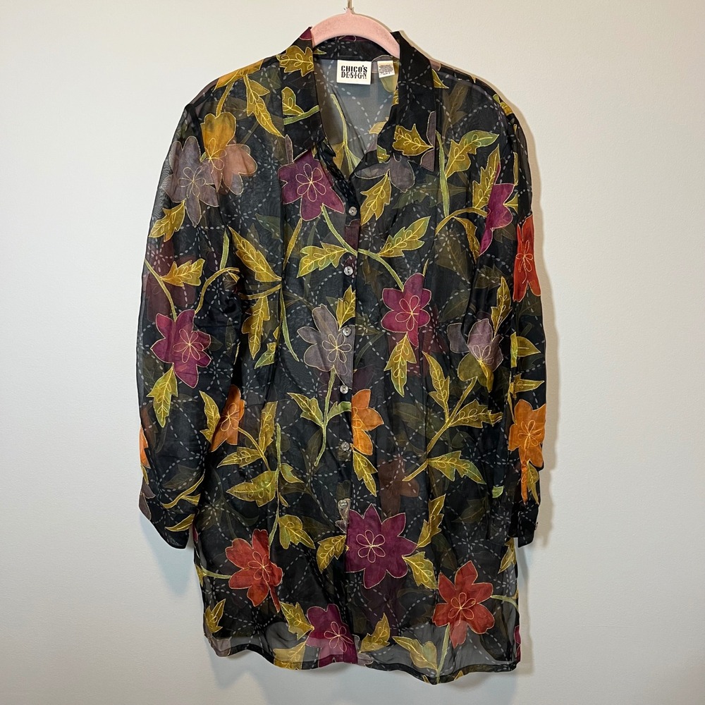 Chico's Design Silk Sheer Floral Embroidered Button Down Blouse Black Large